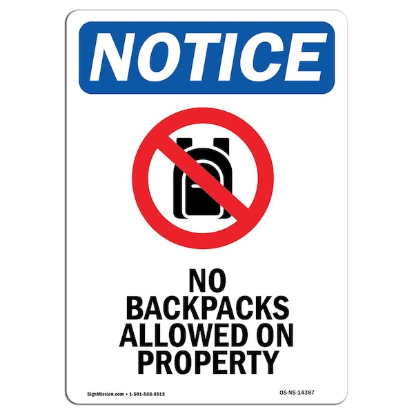 Signmission OSHA Sign, 14" H, Rigid Plastic, No Backpacks Allowed Sign With Symbol, Portrait, 1014-V-14387 OS-NS-P-1014-V-14387 - main